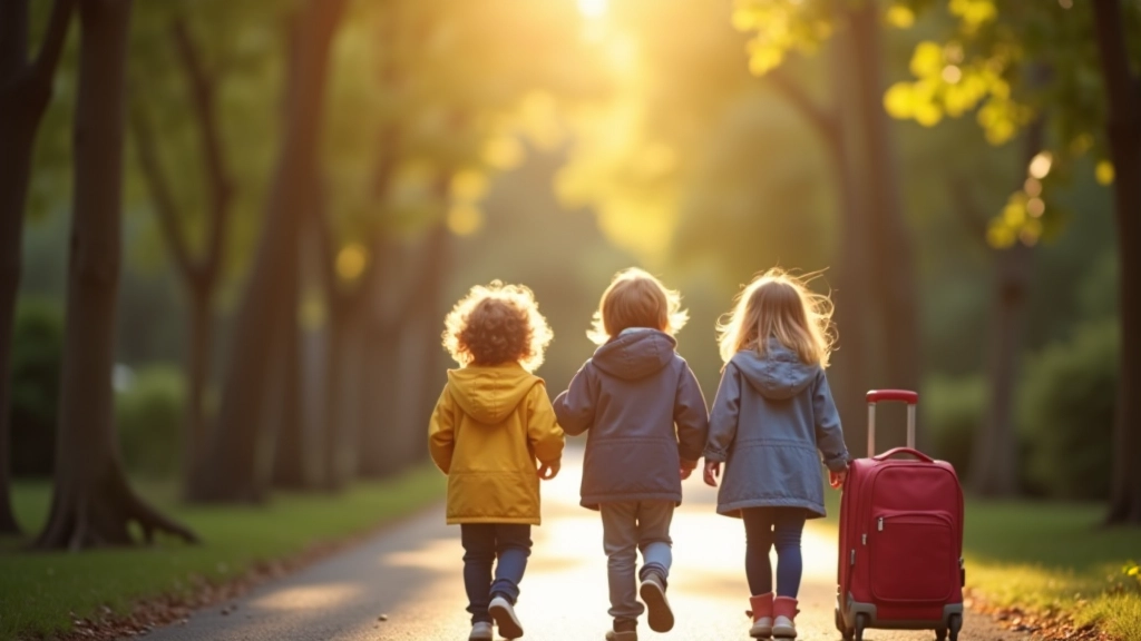 Matin organisé avec enfants prêts à partir, ambiance calme et structurée, lumière naturelle