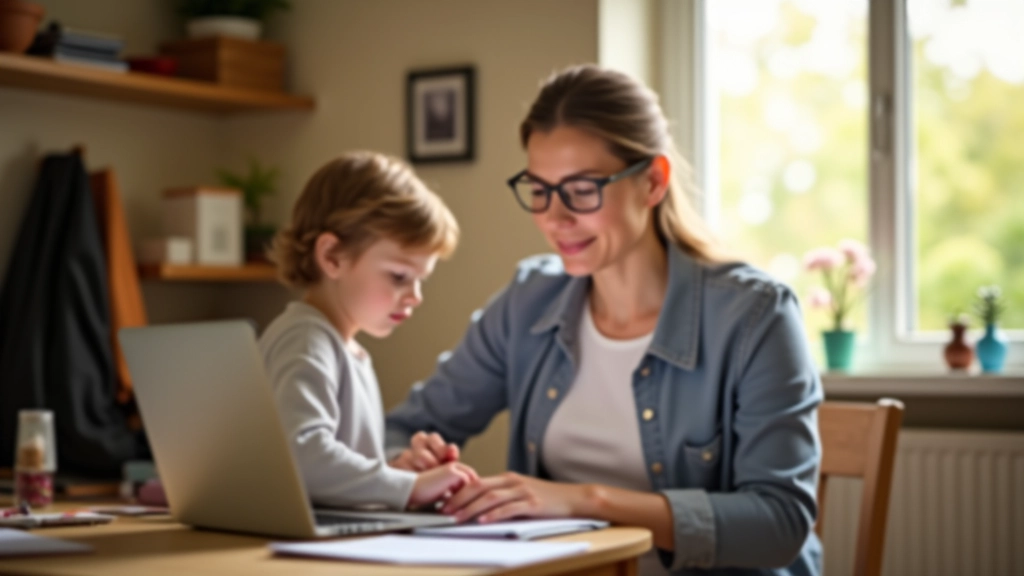 Parent travaillant à domicile avec enfant jouant à proximité, environnement familial chaleureux, lumière naturelle